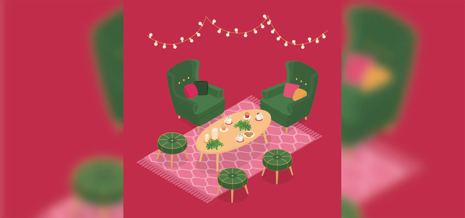Vector illustration of two wing back chairs situated by a coffee table.