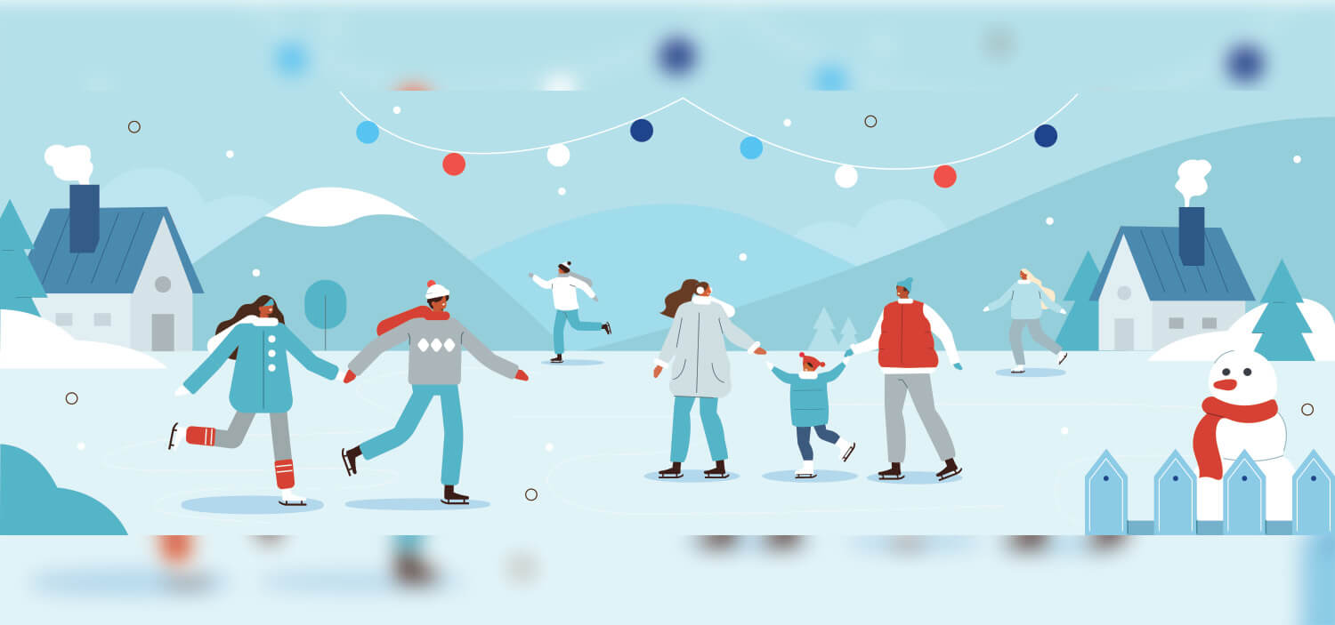 Vector illustration of families and friends ice skating on an outdoor lake.