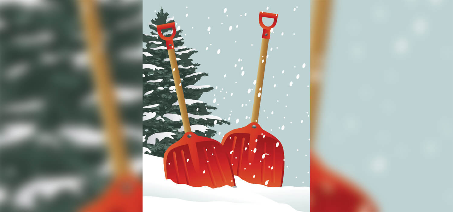 Vector Illustration of two shovels sticking out of a snow bank.