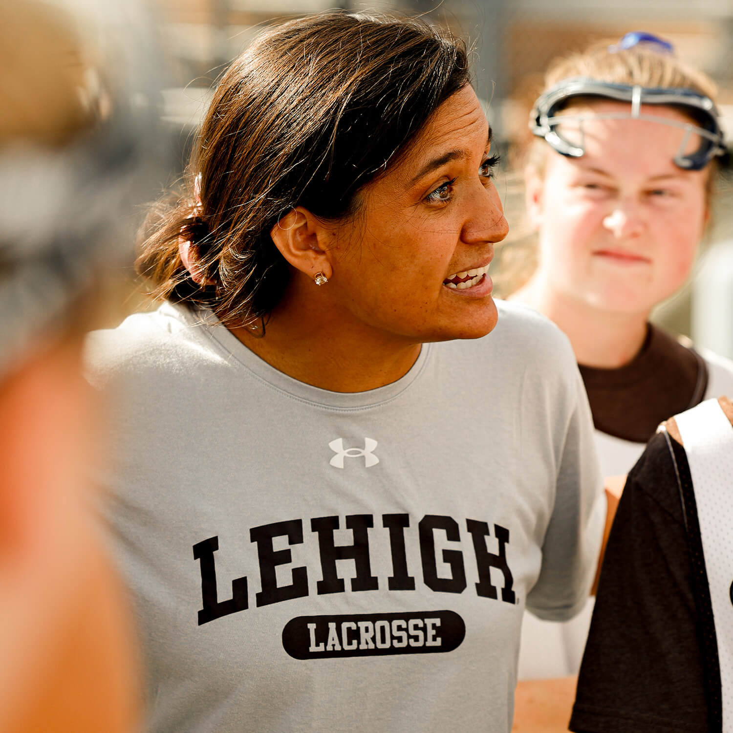 Lehigh Women’s Lacrosse Head Coach Steph Lazo speaks with her student-athletes