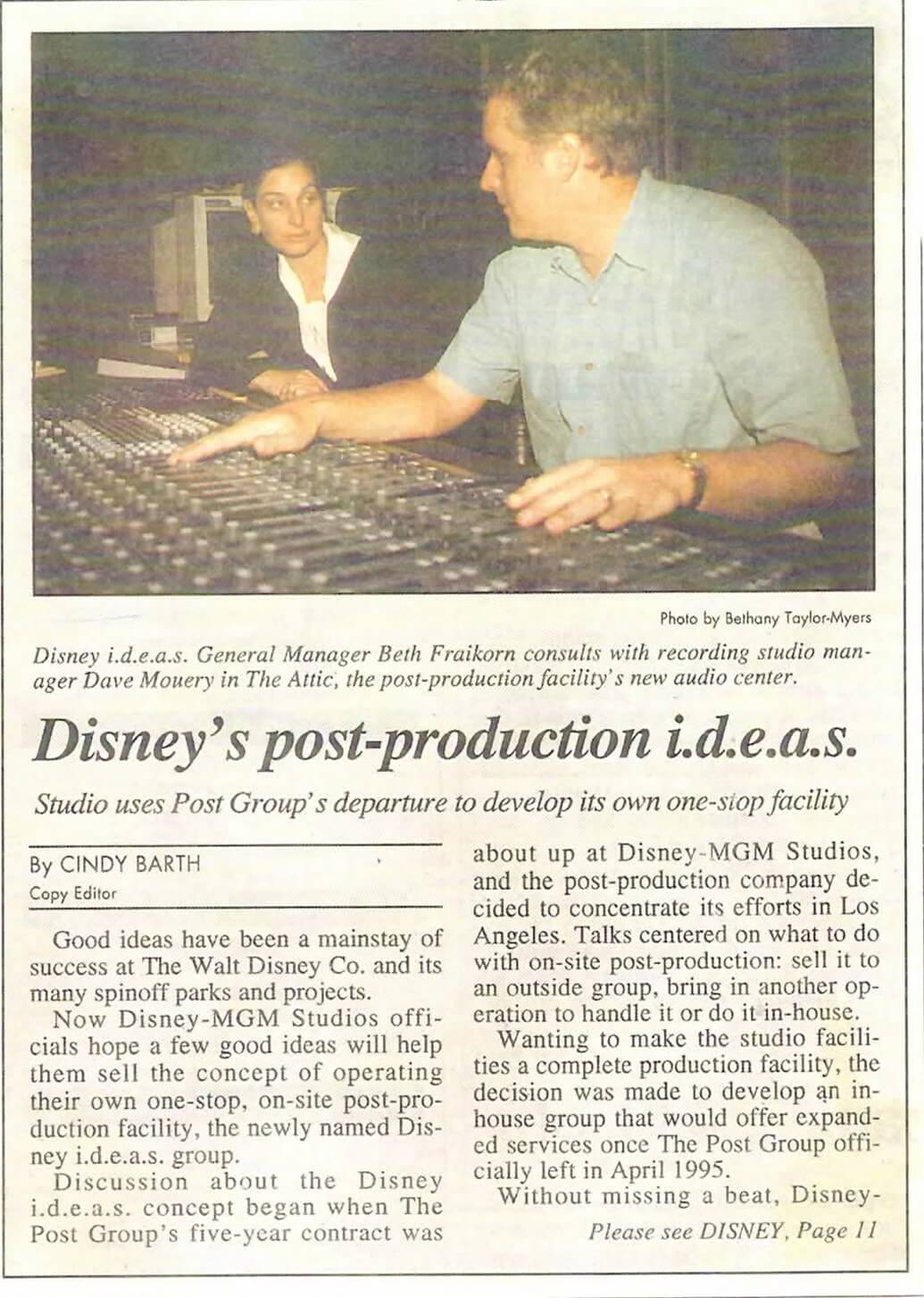 A newspaper clipping shows a picture of Beth consulting on Disney post-production. The caption lists her as the general manager.