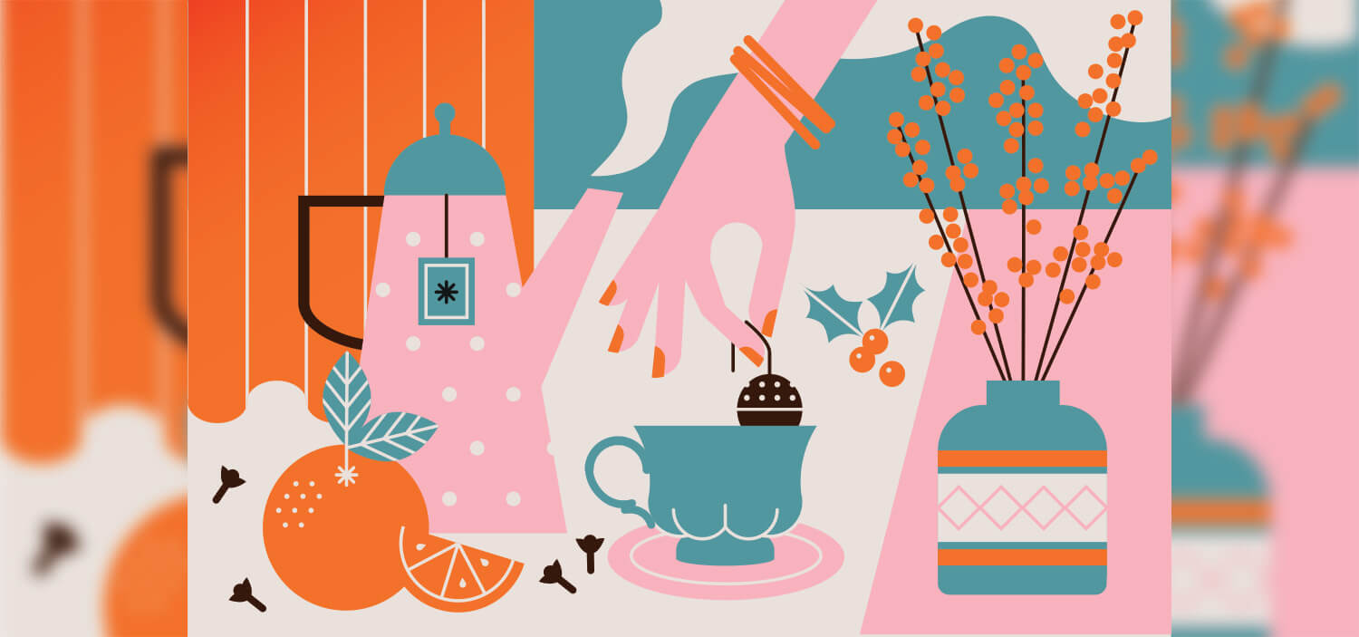 Vector illustration of a hand steeping tea in a mug.