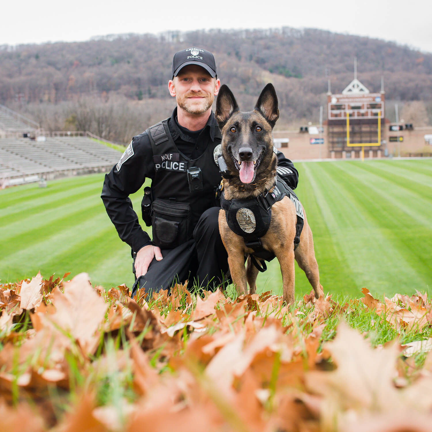 Uniformed police officer poses with German Shepard at a freshly mowed football stadium in autumn.