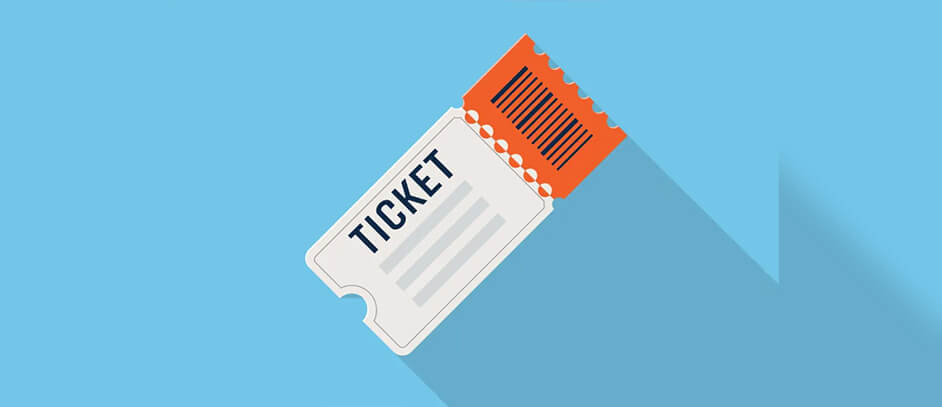 On a baby blue background, an illustration of a white ticket with an orange tearaway portion attached. 