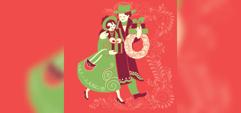 A vector illustration of a couple walking together while holding gifts and dressed for winter weather.