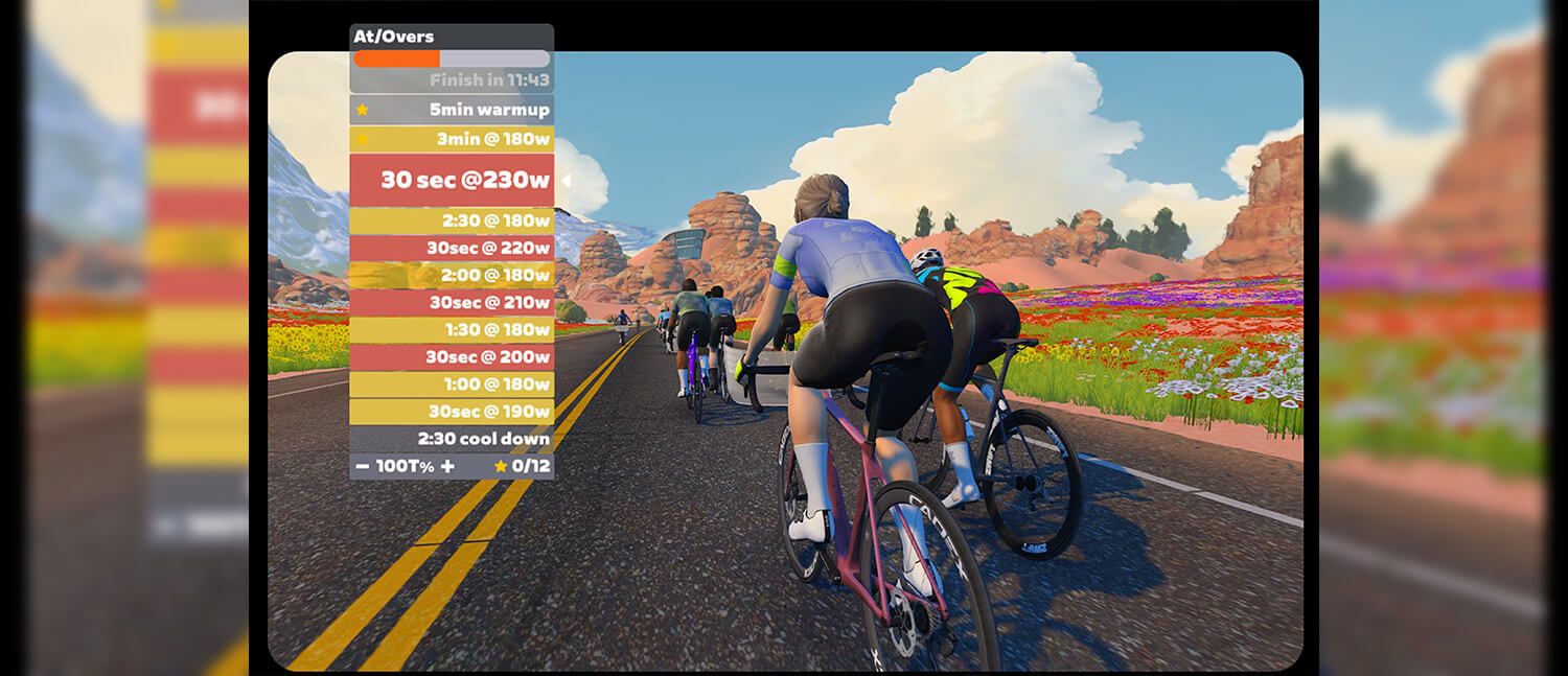 A digital display of a virtual world of cyclists with data for the ride showing in a column to the left.