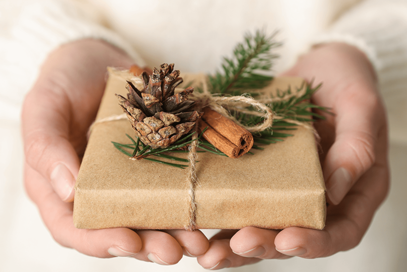 A pair of hands holding a holiday present wrapped in brown paper, topped with a pine cone and cinnamon stick, and bound by twine.