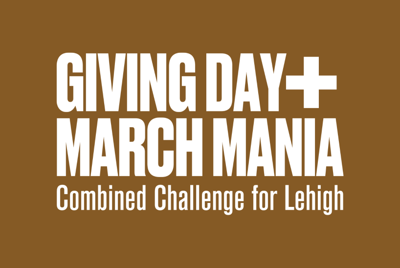 Text reading "Giving Day March Mania Combined Challenge for Lehigh" on a brown background with a plus sign.