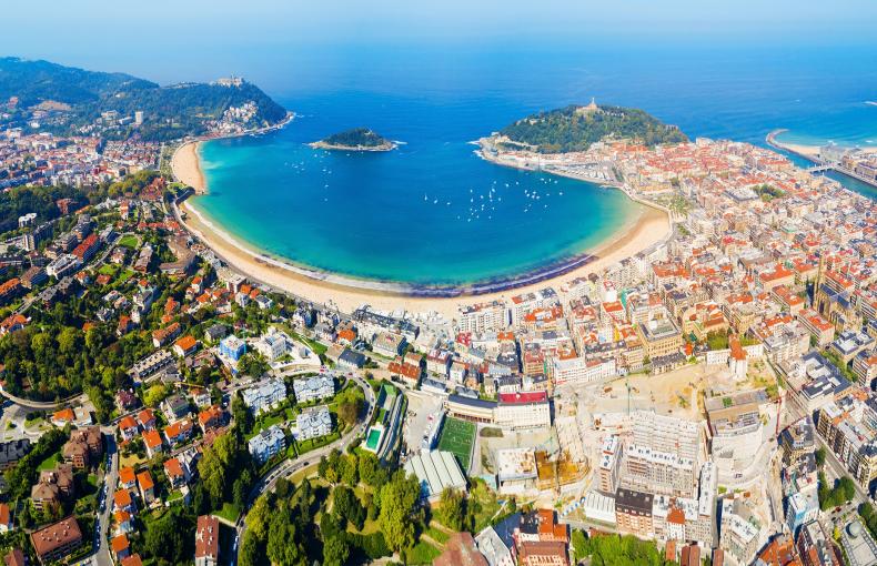 Aerial view of a bay and a city