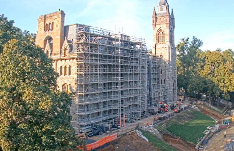 Clayton University Center with scaffolding climbing the exterior