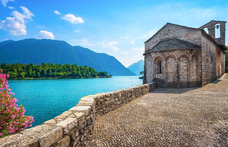 Stone cabin along the shoreline of Lake Como in Italy