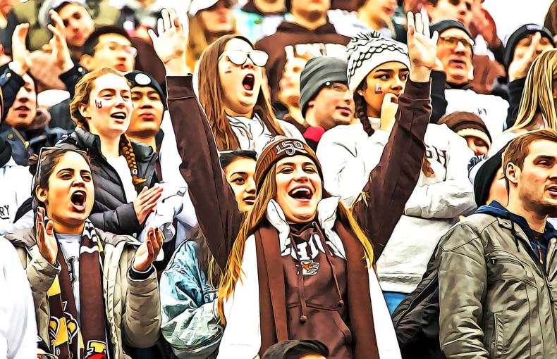 Members of the Lehigh cohort wearing Lehigh gear and cheering in the stands of Goodman Stadium