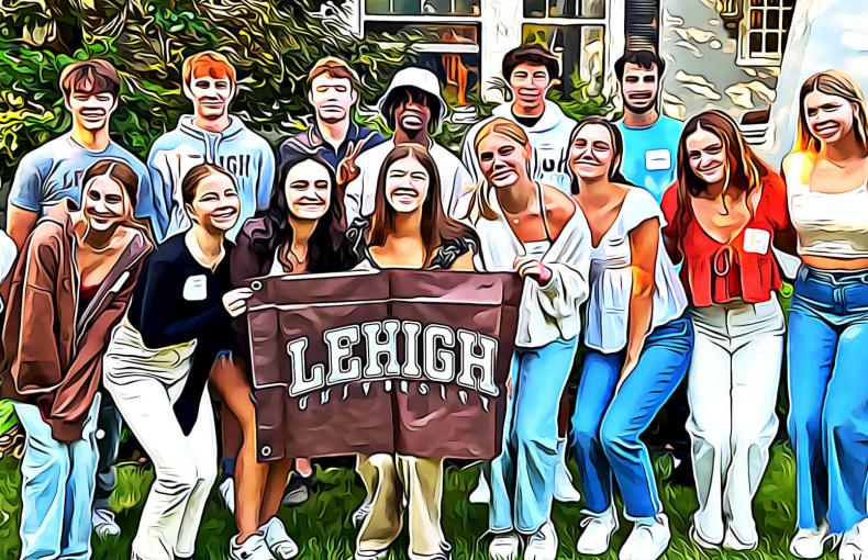 Incoming students posing together and holding a brown Lehigh flag