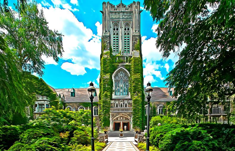 Alumni Memorial building and walkway on a sunny day