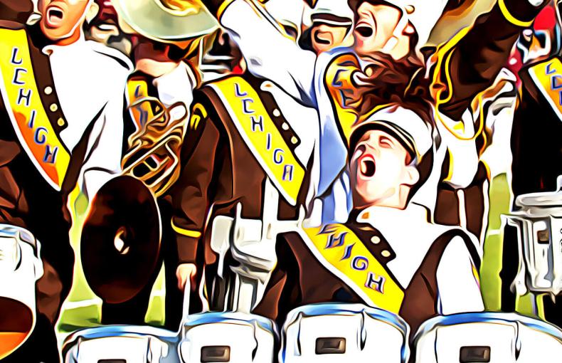 Marching 97 band members wearing their uniforms and playing their instruments.