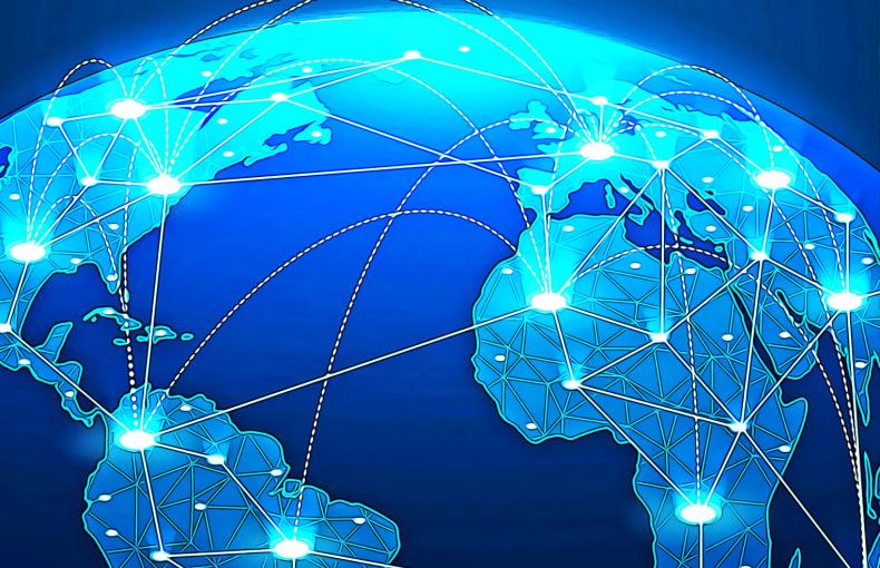 Illustration of a world map surrounded by a web of connecting dotted lines