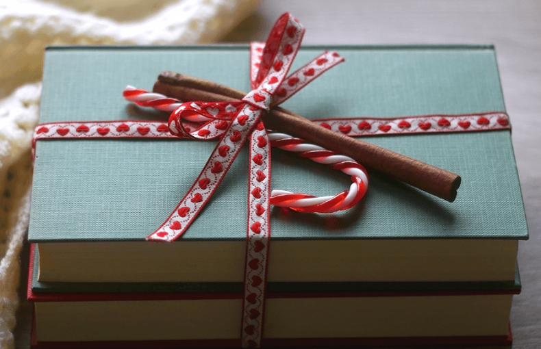 Two books tied in ribbon with a cinnamon stick and candy cane tucked into it.