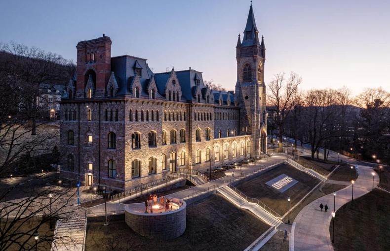 Exterior evening view of the Clayton University Center at Lehigh University.