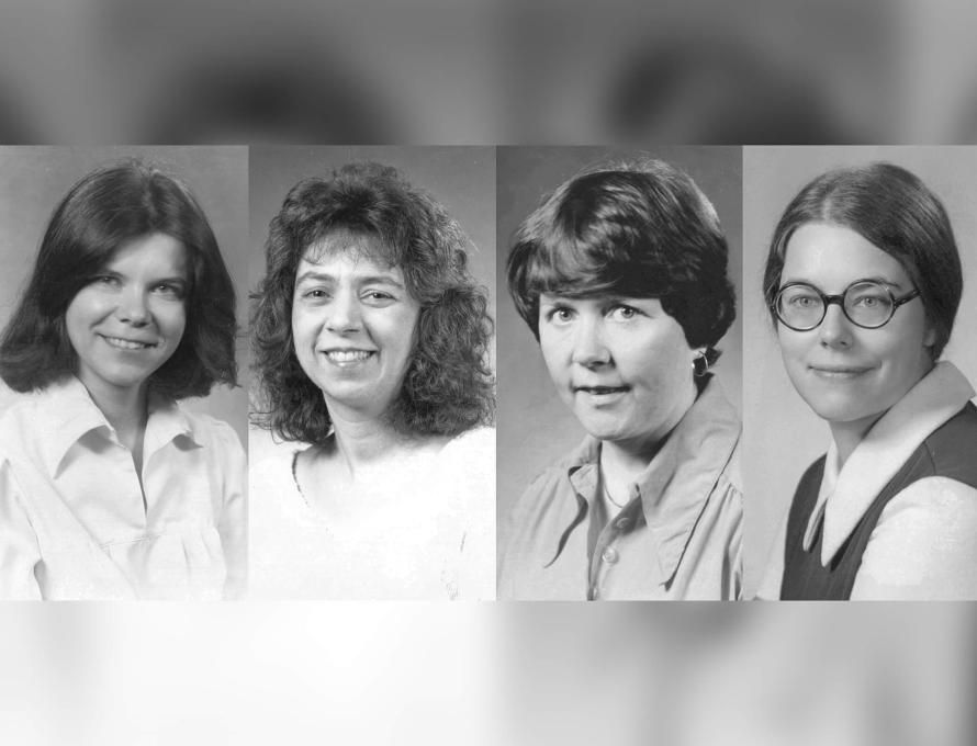 Four black and white portraits of women teachers from the 1970s lined up side by side, each posing and smiling.