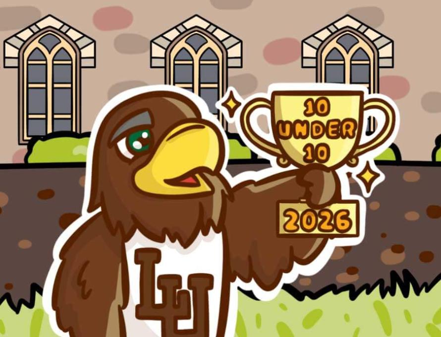 Drawing depicts Clutch smiling in a LU jersey and holding a gleaming '10 Under 10' trophy with the UC lawn in the background.
