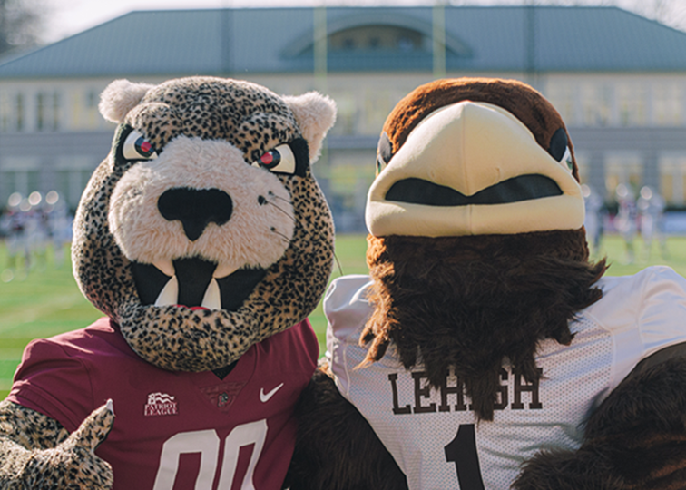 Team mascots from Lafayette College and Lehigh University in the endzone of Lafayette’s stadium.