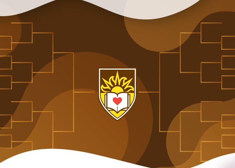 Vector illustration of the Lehigh shield overlayed onto a brown background containing an empty bracket