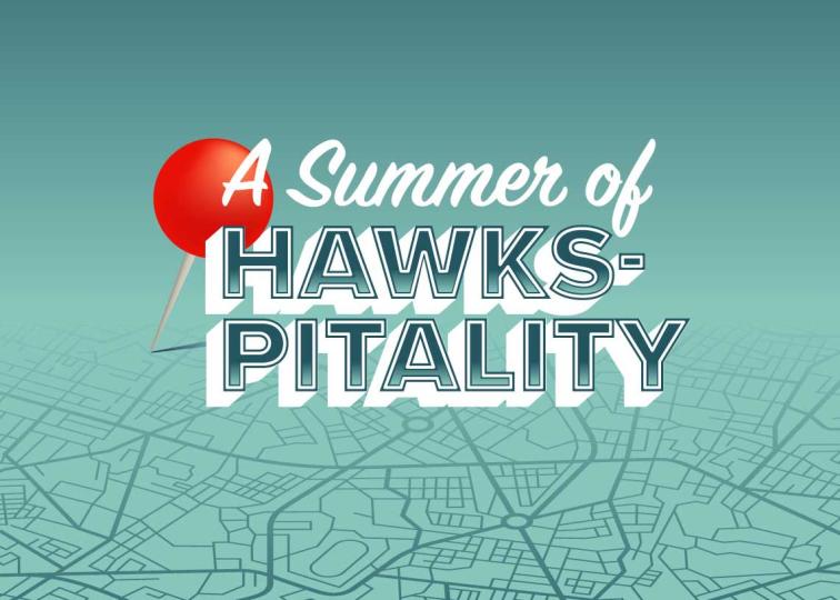 A map with a red pushpin in the upper left, and the text "A Summer of Hawks-pitality" in white, large, stylized font.