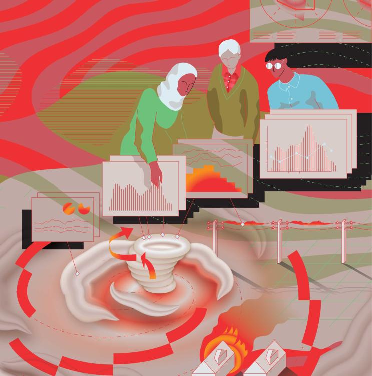 Vector illustration of three people surrounded by weather graphs and maps.