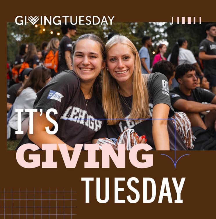 Two smiling young women sit close together at an outdoor event, surrounded by other people. The text over the image reads, Giving Tuesday. Its Giving Tuesday.