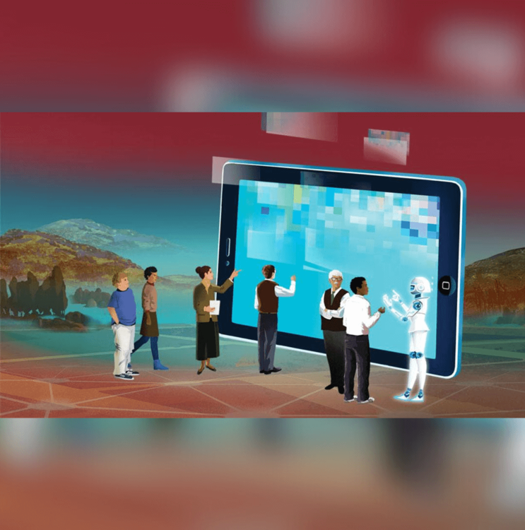 An illustrative digital artwork featuring a diverse group of people interacting with a massive, glowing blue tablet set against a surreal landscape.