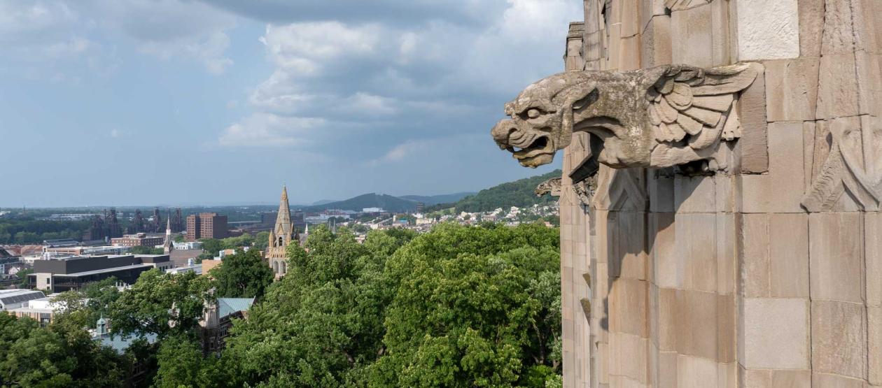 Stone gargoyle on a building exterior overlooking Bethlehem and Lehigh University campus surrounded by green trees.