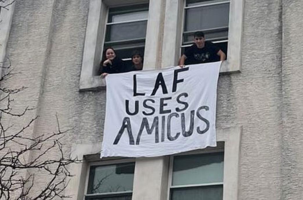 Le-Laf Bedsheet reading "Laf uses amicus"
