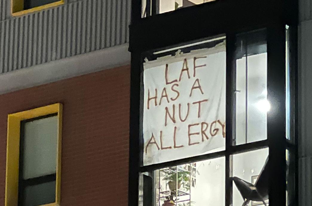 Le-Laf Bedsheet reading "Laf has a nut allergy"