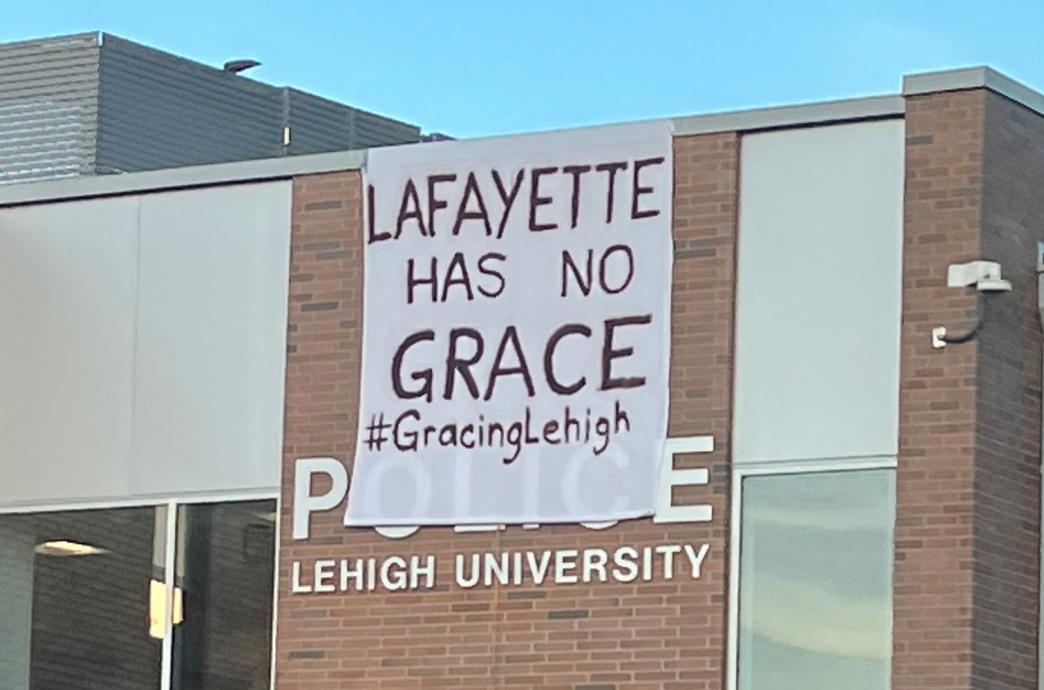 Le-Laf Bedsheet reading "Laf has no Grace. #GracingLehigh."