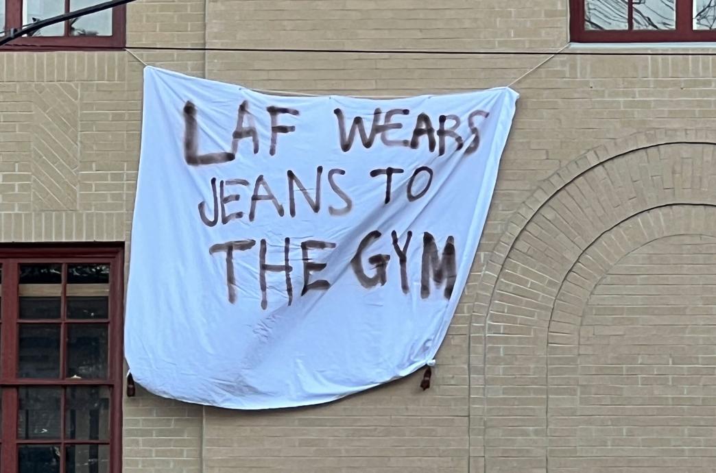 Le-Laf Bedsheet reading "Laf wears jeans to the gym."