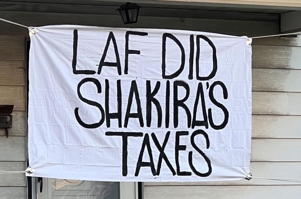 Le-Laf Bedsheet reading "Laf did Shakira's taxes"