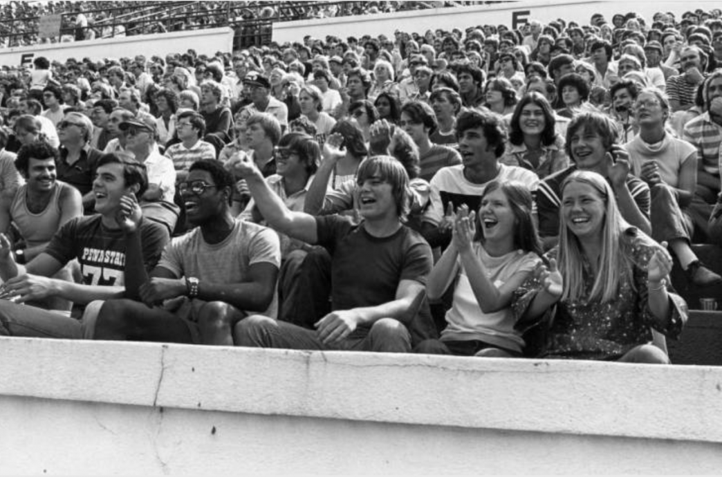 Fans cheering in the stands during a football game