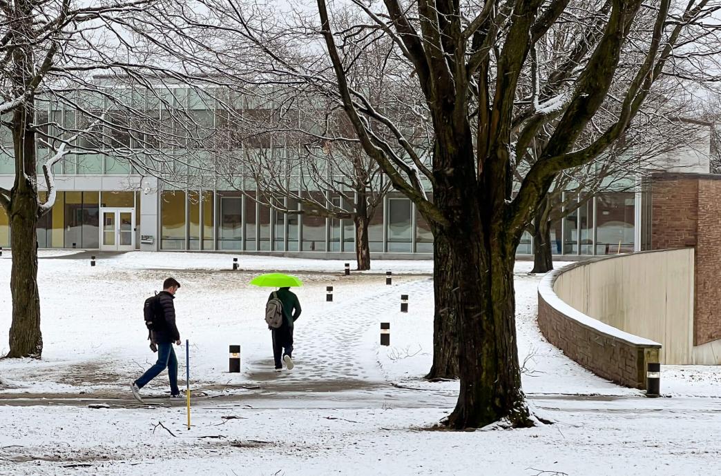 Students walking in the snow at Mountaintop campus
