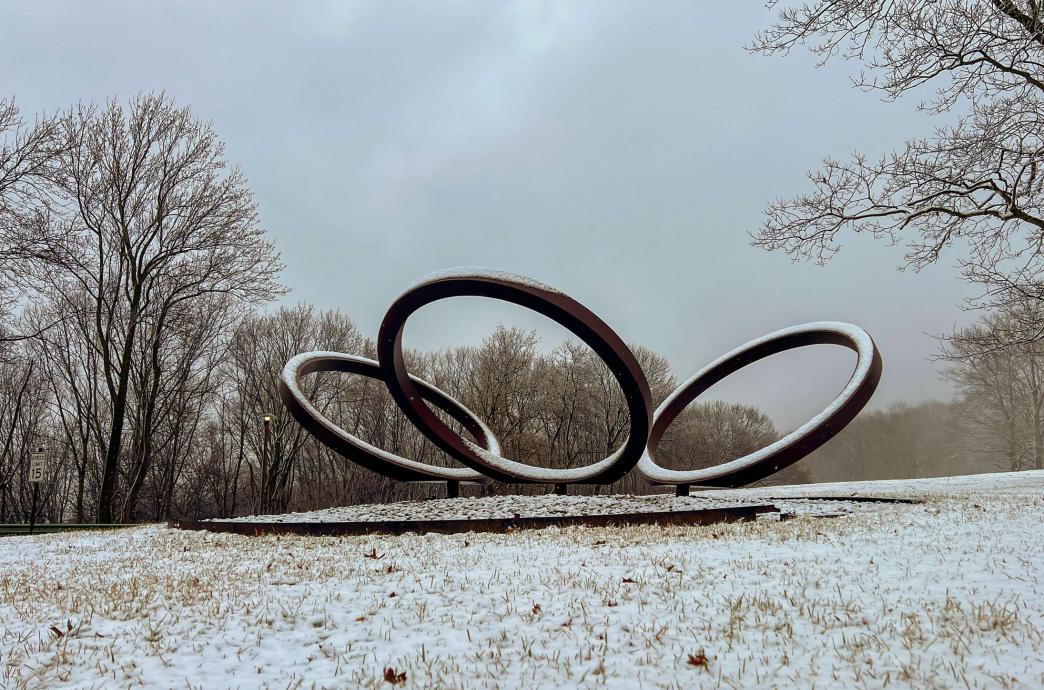 Rings sculpture covered in snow