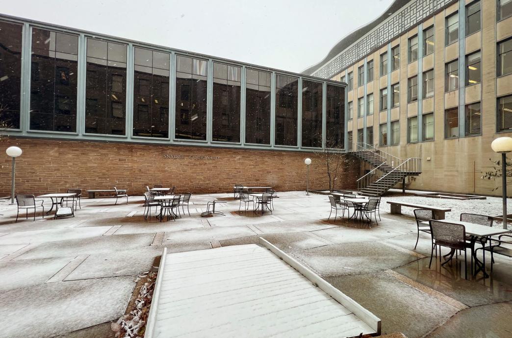Iacocca Hall courtyard covered in snow