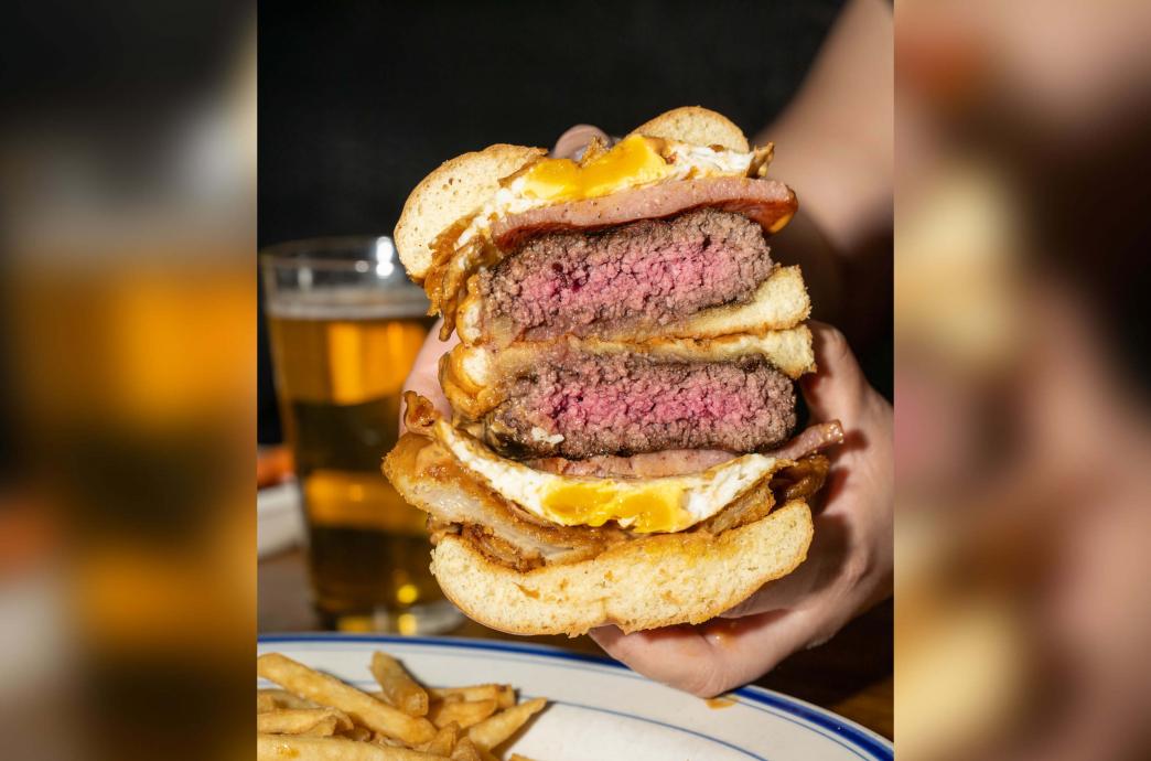 A medium rare Black Bear Bar & Grill burger cross-section
