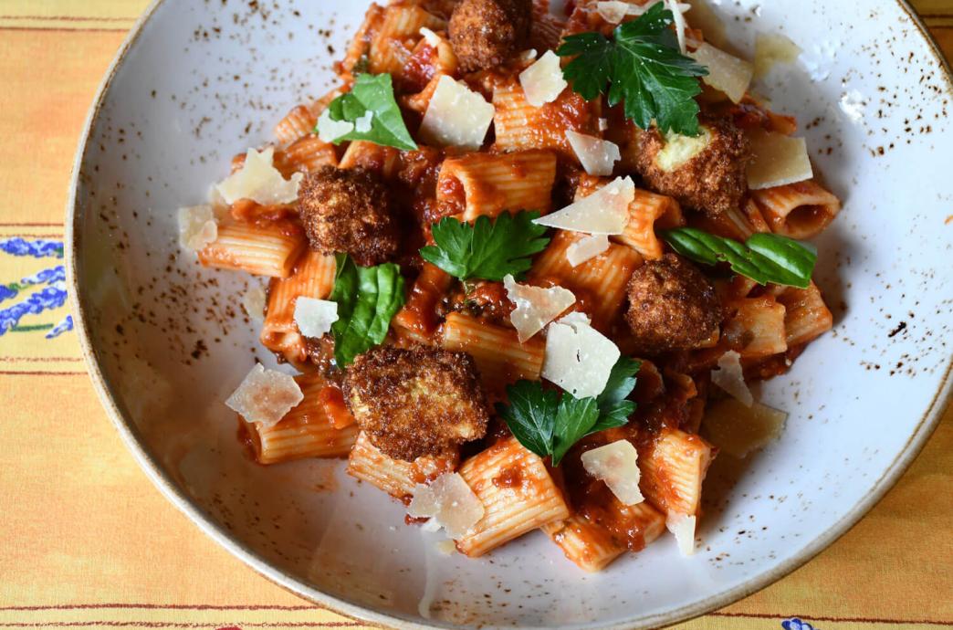 Eggplant Rigatoni entree in a rounded bowl