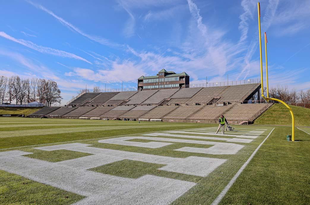 An endzone view of Goodman Stadium field and stands.