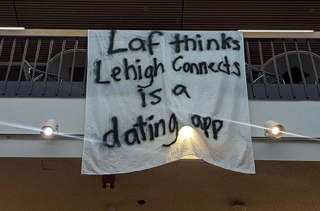 Lehigh-Lafaytte bedsheet reading "Laf thinks Lehigh Connects is a dating app"