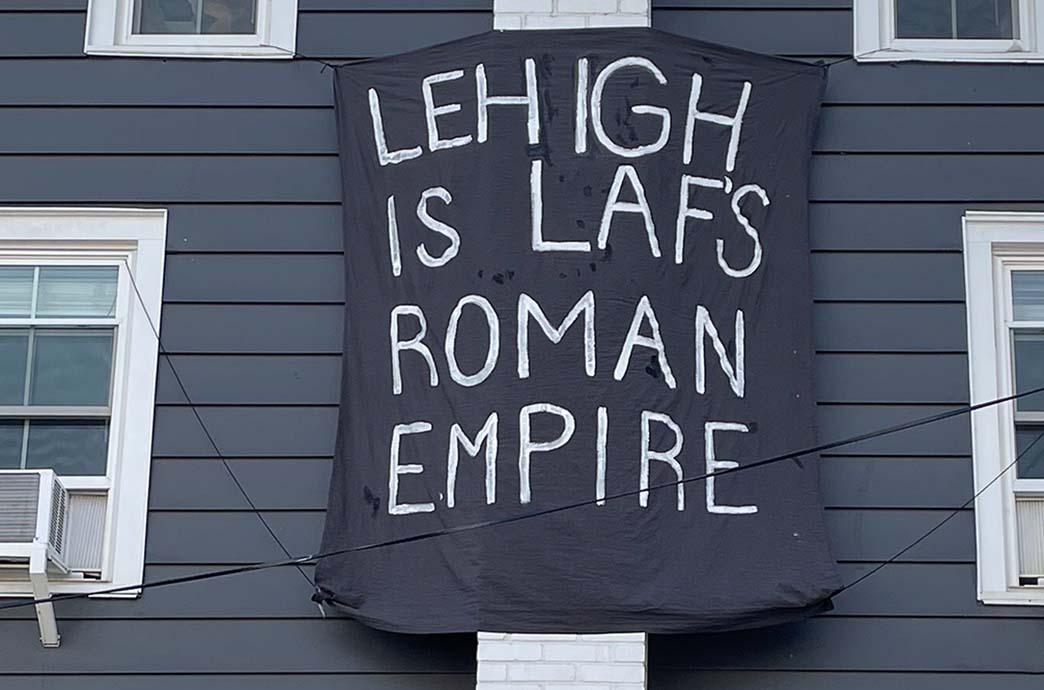 Lehigh-Lafaytte bedsheet reading "Lehigh is Laf's Roman Empire"