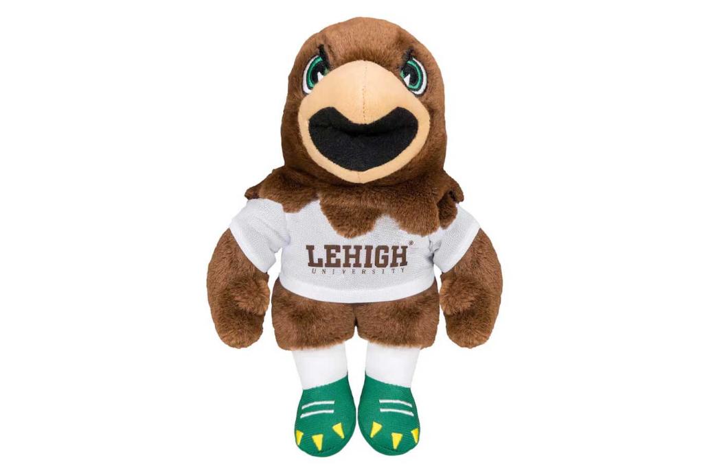 Clutch plush wearing a white Lehigh jersey