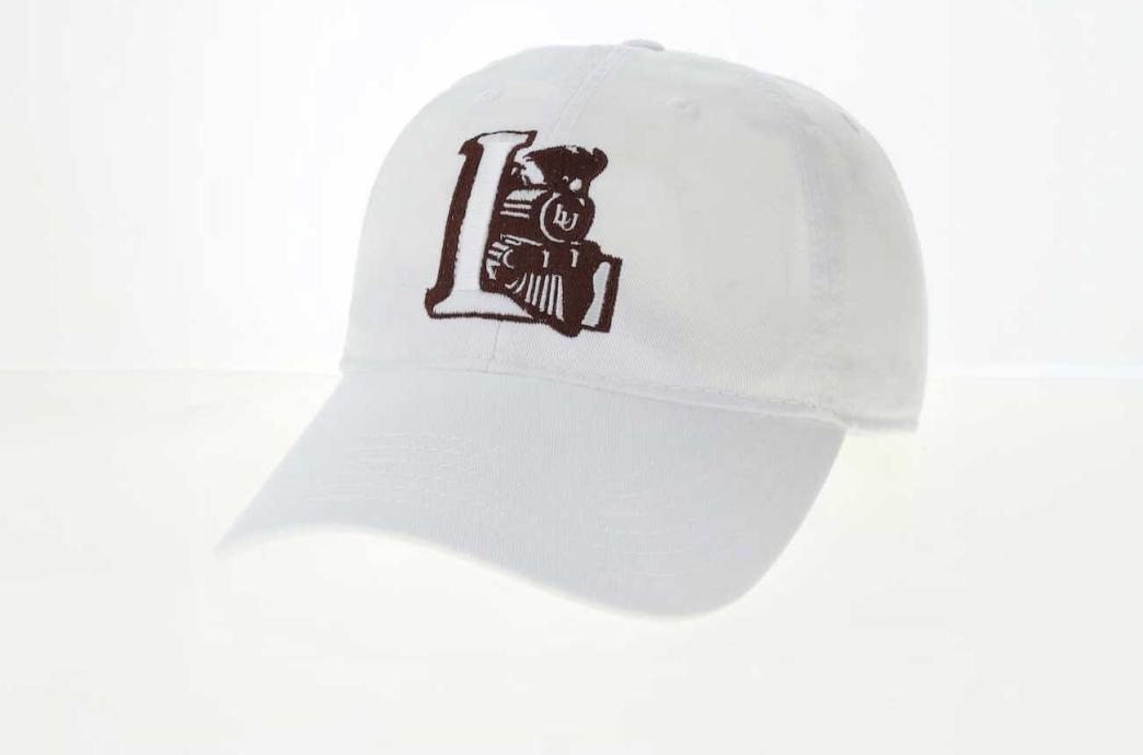 A white hat with an "L" and Train embroidered above the bill
