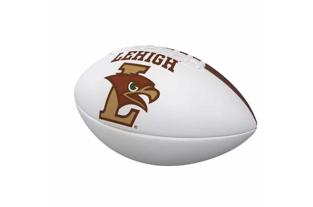 Brown and white football with the Lehigh Hawk logo