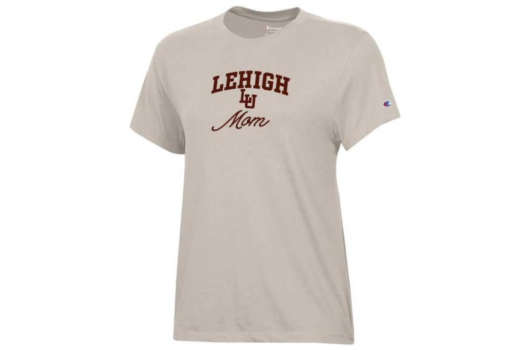 Tan t-shirt reading "Lehigh Mom"