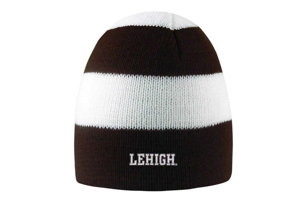 Brown and white striped Lehigh beanie